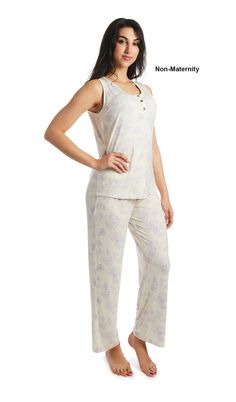 Beautifully feminine, this 2-piece maternity and nursing PJ set is both chic sleepwear and lovely loungewear for those days when you can't quite seem to get dressed! Sewn from the softest knit jersey with a gorgeous drape, it includes a comfy pant with stretchy, smocked waistband that sits comfortably just under the belly, and a classic tank with curved hem and button-front placket for easy nursing access. Rayon/Spandex. Machine wash cold, gentle. Line dry or tumble dry low. High point shoulder Spring Nursing Friendly Sleepwear, Casual Maternity Nursing-friendly Sleepwear, Spring Casual Nursing-friendly Sleepwear, Modal Sleepwear For Lounging, Chic Sleepwear, Maternity Nursing Pajamas, Nursing Pajamas, Growing Belly, Comfy Pants