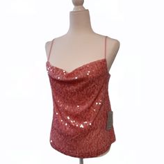 Pink Sequins Spaghetti Strap Tank Top With Adjustable Straps. Never Worn Glamorous Fitted Spring Camisole, Pink Going Out Top, Lace Undershirt, Burgundy Tank Top, Sequins Top, Boho Lifestyle, Black Lace Cami, Floral Lace Blouse, White Dinner