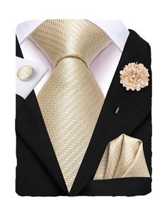 PRICES MAY VARY. 🤵【Package Contains】 1 Tie + 1 handkerchief + 2 cufflinks + 1 lapel pin + 1 white paper box 🤵【Comfortable Material】This tie is made of soft silk material, which is rich and gorgeous in color, comfortable to the touch, classic and durable, and can easily tie a perfect knot, add a touch of wowness to your glamorous attendance. 🤵【Tie size】Tie length: 59 inches(150cm), tie width: 3.3 inches(8.3cm), handkerchief: 9.5 inches * 9.5 inches(24cm). 🤵【Wide Use】Suitable for most occasion Elegant Groom's Set With Ties, Elegant Sets With Ties For Groom, Classic Gold Suit And Tie Accessories With Pocket Square, Gold Cufflinks For Black Tie Events, Classic Gold Formal Sets, Classic Gold Sets For Formal Occasions, Classic Gold Sets For Business, Gold Suit And Tie Accessories For Wedding, Elegant Gold Pocket Square For Formal Occasions