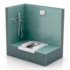 a green tiled bathroom with a square shower head