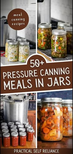 there are many jars with food in them on the counter and below it is an advertisement for canning meals in jars