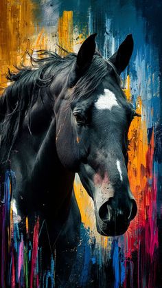 a painting of a black horse with white markings