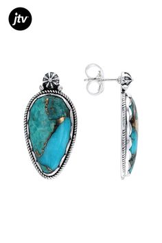 Indulge in the mesmerizing beauty of these exquisite Southwest Style by JTV ���earrings! Each earring features a captivating 25x13mm Blue Copper Composite Turquoise gemstone, carefully crafted to showcase its stunning natural hues. The composite turquoise pieces bound together create a unique and eye-catching design that is sure to turn heads.  Crafted with precision, these sterling silver earrings boast impeccable detail and quality. The intricate bezel setting enhances the allure of the pear-s Turquoise Sterling Silver Earrings - Fine Jewelry, Turquoise Sterling Silver Earrings Fine Jewelry, Turquoise Sterling Silver Fine Jewelry Earrings, Artisan Turquoise Gemstone Earrings, Southwestern Blue Earrings With Natural Stones, Blue Southwestern Earrings With Natural Stones, Artisan Turquoise Pierced Earrings, Fine Jewelry Turquoise Oval Earrings, Turquoise Oval Fine Jewelry Earrings