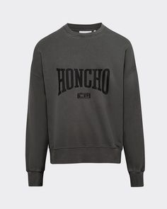 Our perennial sweatshirt in a washed ash-gray. Features a 'Honcho le PÈRE' boxing graphic on the front, black gradient stripes mimicking sweat on the sides, as well as a back yoke. Made in Portugal with premium Italian loopback cotton fleece, washed down to give a soft, worn-in look. Audi is 6'2 and wearing a size M. Boxing Graphic, Black Gradient, Ash Gray, Holiday Sales, Cotton Fleece, Ash Grey, Boxing, Audi, Ash