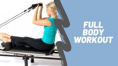 a woman is doing an exercise on a rowing machine with the words full body workout