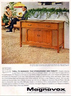 an advertisement for magnavox furniture with two men sitting at a table