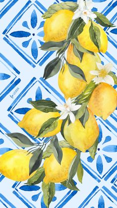 a watercolor painting of lemons and flowers on a blue tile background with leaves