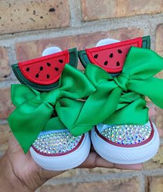 Red Watermelon Birthday Bling Shoes - Coco Birthday Outfit Shoes - Melon Custom Shoes - One in A Melon Bling Converse This listing is for a custom pair of shoes for a birthday or just because. The Watermelon🍉 will be red. The shoes come with ruffle Anklets in Red. Your little one will love these shoes. Please do not leave children unattended while wearing the bling shoes due to the small pieces. All images are professionally pressed onto items.  These images are for PERSONAL USE only. You canno Cocomelon Tennis Shoes, Painted Cocomelon Shoes, Watermelon Birthday Party Theme, Strawberry Shoes, Watermelon Shoes, Coco Birthday, Watermelon Birthday Parties, Red Watermelon, Diamond Shoes