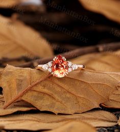 an orange and white diamond ring sitting on top of a leaf covered ground with leaves around it