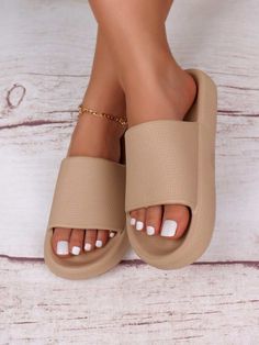 Minimalist Single Band Slides | EMERY ROSE Beige Slippers, White Slippers, Women Slides, Active Wear Shorts, Wide Bands, Winter Wear, On Shoes, Slip On Shoes