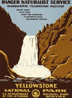 an old poster advertising yellowstone national park and the water falls in the background, with two postcards