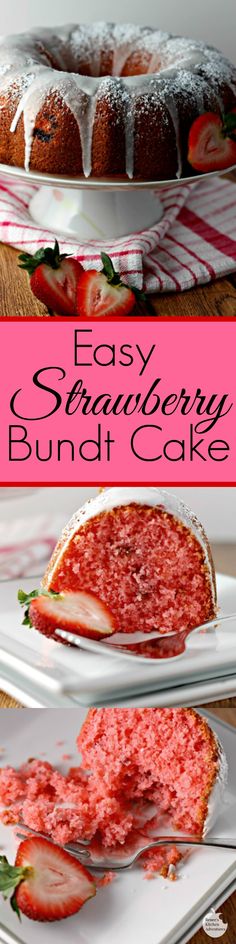 strawberry bundt cake with icing and strawberries on top