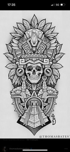 a drawing of a skull with an elaborate headdress