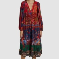 Nwot Relaxed Fit Midi-Dress With Mixed, Multicolor Prints In A Tiered Silhouette. V-Neck With Self-Tie Closures Long Puff Sleeves With Elastic Cuffs Pullover Style 100% Rayon Hand Wash Imported Red Bohemian V-neck Midi Dress, Multicolor V-neck Midi Dress For Fall, Red Bohemian Midi Dress With V-neck, Red V-neck Midi Dress With Vibrant Print, Mixed Prints, Fitted Midi Dress, Long Puff Sleeves, Farm Rio, Mixing Prints