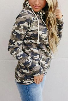 Camouflage Zipper Collar Striped Doublehood Sweatshirt Double Hooded Sweatshirt, Favorite Leggings, Autumn Sleeve, Camo Sweatshirt, Camo Hoodie, Winter Sweatshirt, Camo Print, Sleeves Pattern, Olivia Mark