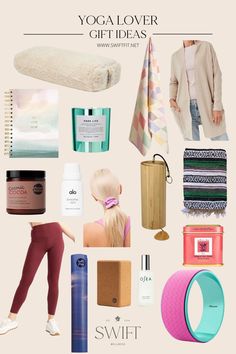 a woman's gift guide for the yoga lover in her life, including gifts and personal care items