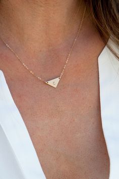 Triangle Initial Necklace by LEILA Jewelry Simple Rose Gold Jewelry For Bridesmaid Gift, Minimalist Initial Necklace For Wedding, Dainty Rose Gold Charm Necklaces For Bridesmaid Gift, Dainty Rose Gold Charm Necklace For Bridesmaid, Minimalist Rose Gold Charm Necklace For Wedding, 14k Gold Minimalist Jewelry As Bridesmaid Gift, Tiny Rose Gold Minimalist Charm Necklace, Simple Charm Necklace For Bridesmaid Gift, Simple 14k Rose Gold Charm Necklace