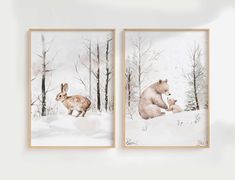 two framed pictures of bears in the snow next to each other, one is holding a baby bear