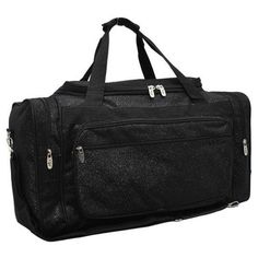 "Black Glitter NGIL Canvas 23\" Duffle Bag Great for girls for a weekend travel bag, dance bag, gymnast bag and overnight bag. Perfect duffel bag to take on the go. Soft Canvas Construction Zip Around Top Closure 2 Outside Zip Pockets Plastic Feet on Bottom Double Handles with 11\" Drop 23\" Wide x 18\" Wide (Bottom, Not Including Side Pockets) x 11\" Tall x 9\" Deep Carrying straps which snap together with Velcro making it easy to carry. As well has 2 adjustable shoulder straps to carry comfort Dance Competition Bag, Road Trip Bag, Black Duffel Bag, Cheer Bag, Glitter Bag, Vacation Bag, Trolley Bags, Dance Bag, Travel Duffle