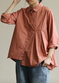 Oversized Collared Solid Color Blouse, Oversized Solid Color Collared Blouse, Solid Color Cotton Blouse For Work, Cotton Solid Color Blouse For Work, Chic Orange Cotton Blouse, Collared Solid Color Cotton Blouse, Orange Collared Blouse For Spring, Orange Long Sleeve Cotton Blouse, Orange Relaxed Fit Collared Tops