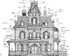 an architectural drawing of a victorian house with all the details on it's side