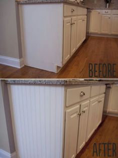 before and after pictures of a kitchen countertop with white cabinets, granite counter tops and wood flooring