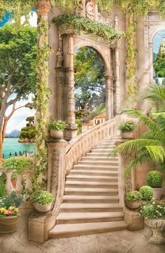 a painting of a staircase leading up to the ocean with potted plants on either side