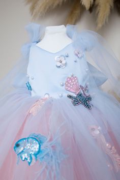 Mermaid Birthday Girl Dress, Blue & Peach Marine Style Dress, Pageant Toddler Dress, Pearls Shell Fish Applique, Special Occasion Baby Gown - Etsy Light Blue Sleeveless Birthday Dress, Light Blue Sleeveless Dress For Birthday, Blue Princess Dress For Summer Pageant, Blue Tutu Dress For Summer Pageant, Blue Summer Princess Dress For Pageants, Summer Blue Tutu Dress For Pageant, Blue Tutu Dress For Summer Pageants, Summer Pageant Blue Tutu Dress, Whimsical Blue Dress For Dress-up