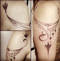 some tattoos that are on the back of someone's thigh and thighs, with arrows in