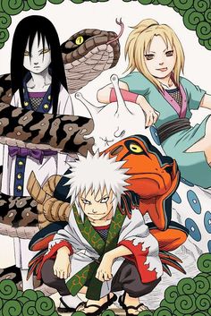 an image of some anime characters in front of a snake and other things on the ground