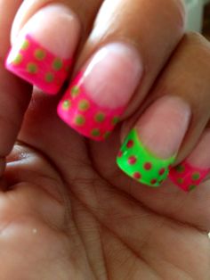 Pink and lime green polka dot nails Lime And Pink Nails, Pink Lime Green Nails, Hot Pink And Neon Green Nails, Green And Pink Neon Nails, Lime Green And Hot Pink Nails, Lime Nails, Lime Green Nails, Shellac Manicure, White Manicure