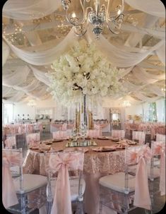 a banquet hall decorated in pink and white