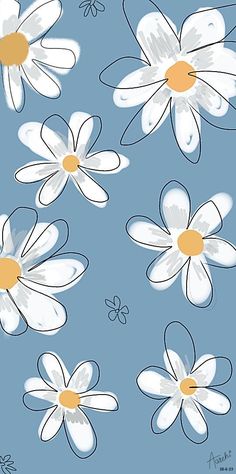 white flowers with yellow centers on a blue background