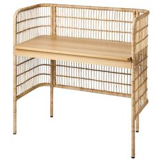 a wooden table with a rattan design on the top and bottom shelf, in front of a white background