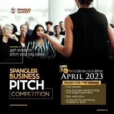 a flyer for a pitch competition with a woman in black and gold on the front