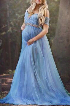 Off-the-shoulder Lace A-line Maternity Photoshoot Gown Maternity Lace Floor-length Dress, Elegant Maternity V-neck Gown, Elegant Maternity Gown With V-neck, Floor-length Lace Maternity Dress, Maternity Lace Dress With Lace Bodice, Maternity Dress With Lace Bodice, Elegant Blue Maternity Gown, Floor-length Blue Maternity Gown, Elegant Floor-length Tulle Maternity Dress