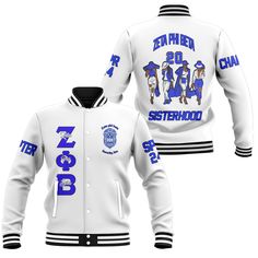 Personalized Zeta Phi Beta Baseball Jackets White Color Zeta Sisterhood Style White Long Sleeve Varsity Jacket For Baseball Season, White Baseball Collar Outerwear For Sports Events, White Varsity Outerwear For Baseball Season, White Varsity Jacket For Sports Events, White Cotton Varsity Jacket With Baseball Collar, White Baseball Collar Outerwear For Sports Season, College Baseball Season White Varsity Jacket, White Varsity Jacket With Team Name For Sports Events, White Team Spirit Outerwear For College