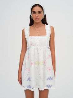 Andrea Embroidered Mini Dress | For Love & Lemons Embroidered Mini Summer Dress, Spring Embroidered Lace Mini Dress, White Floral Embroidery Summer Mini Dress, Girly Cottage, White Floral Mini Dress, For Love And Lemons Dress, Wedding Shower Dress, White A-line Mini Dress With Floral Embroidery, For Love And Lemons Opal Mini Dress