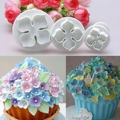 three different types of cupcakes with flowers on them and the price is $ 15 95