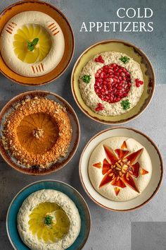 four different types of appetizers on plates with the words cold appetizers above them