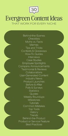 the evergreen content ideas that work for every niche info sheet is shown in green and black