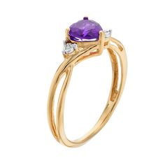 A heart-shaped amethyst gemstone serves as the focal point to this beautiful ring, while shimmering diamond accents add eye-catching style. Click on this JEWELRY & WATCHES GUIDE to learn about fit, styles, materials and more!RING DETAILS Width: 6.5 mm Metal: 10k gold Packaging: boxed STONE DETAILS Stone type: amethyst Total weight: 3/4 ct. Center stone size: 6 mm Shape: heart Setting: prong DIAMOND DETAILS Total weight: less than 1/10 ct. Shape: single cut Setting: illusion Gemstones may have be Heart Cut Amethyst Ring With Accent Stones, Elegant Heart-shaped Amethyst Ring, Elegant Heart-shaped Amethyst Ring With Accent Stones, Elegant Amethyst Heart-shaped Birthstone Ring, Elegant Purple Heart Ring For Anniversary, Elegant Purple Heart Promise Ring, Fine Jewelry Purple Birthstone Ring With Diamond Accents, Purple Birthstone Ring With Diamond Accents, Purple Gemstone Heart Ring Fine Jewelry