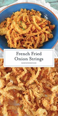 french fried onion strings in a blue bowl on top of a white plate with the title overlay