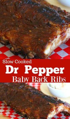 slow cooked dr pepper baby back ribs on a red and white checkered tablecloth