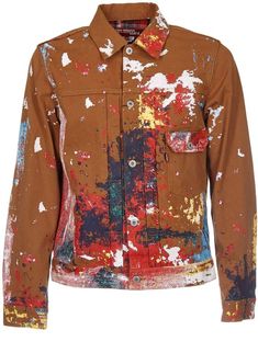 Junya Watanabe Painted Shirt Designer Long Sleeve Shirt With Pockets, Designer Brown Long Sleeve Tops, Designer Long Sleeve Tops With Pockets, Designer Multicolor Fall Shirt, Blue Jacket Men, Blue Leather Jacket, Paint Shirts, Carhartt Jacket, Real Leather Jacket