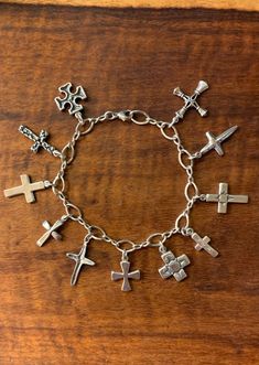 MANY CROSSES BRACELET - Charmworks Spiritual Sterling Silver Cross Rosary Bracelet, Sterling Silver Cross Rosary Bracelet, Sterling Silver Spiritual Rosary Bracelet With Cross, Nickel Free Sterling Silver Cross Bracelets, Spiritual Silver Cross Charm Bracelet, Spiritual Silver Charm Bracelet With Cross, Bracelet Chain, Elegant Bracelet, Cross Bracelet