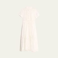 Zimmermann "Pop" cotton midi dress featuring lace trim  Stand collar  Short sleeves  A-line silhouette Hem falls below the knee Button-front  Cotton Unlined Dry clean Imported Broderie Anglaise Dress For Daywear, Lace Trim Midi Dress For Daywear, Feminine Eyelet Dresses For Daywear, Daywear Midi Dress With Lace Trim, Elegant Midi Length Eyelet Dress, Feminine Cotton Midi Dress With Lace Trim, Spring Midi Dress With Lace Collar, Midi Length Dress With Lace Trim For Daywear, Lace Midi Dress For Daywear