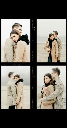 four different shots of a man and woman hugging each other in front of the ocean