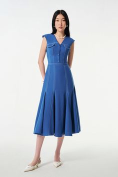 Classic Blue A-line Midi Dress, Classic Blue A-line Dress, Elegant Sleeveless Dress For Spring Dressmaking, Elegant Cotton Lined Midi Dress, Elegant Lined Cotton Midi Dress, Tailored A-line Spring Dresses, Classic Sleeveless Cotton Dress, Classic Sleeveless Midi Dress For Summer, Elegant Cotton Fit And Flare Midi Dress