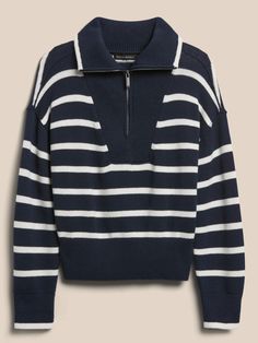 A best seller reimagined in organic cotton, this luxuriously soft sweater is an update to our half-zip pullover.  Classically inspired with nautical stripes and accent tipping at the collar, our timeless revamp will have you yearning for days at sea. Sweater Autumn, Nautical Stripes, Half Zip Sweaters, Collars For Women, Photo Size, Half Zip Pullover, Softest Sweater, Striped Sweater, Zip Sweater